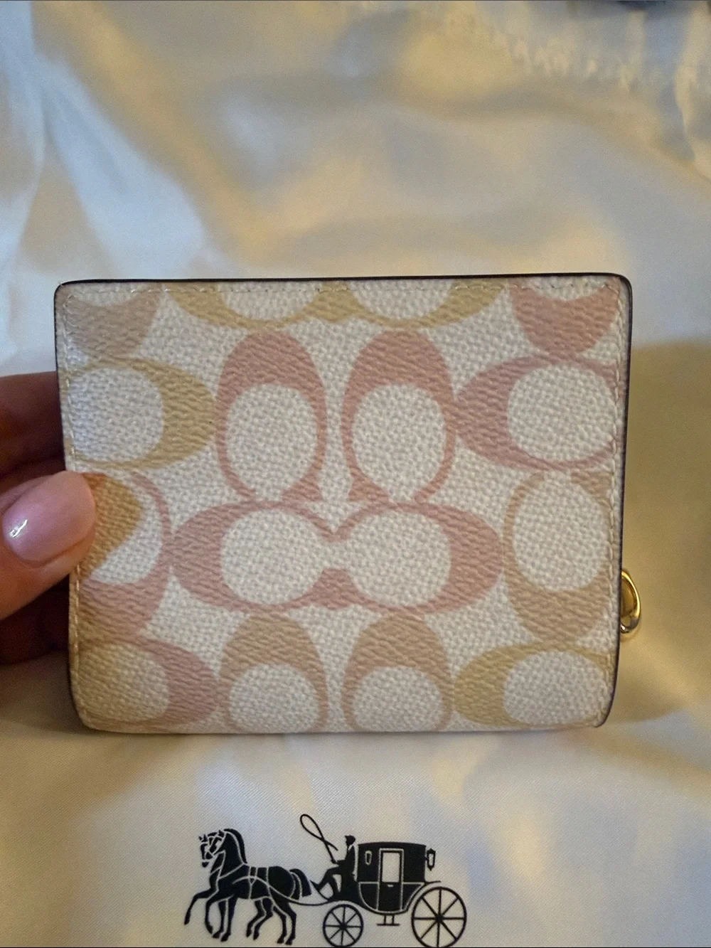 🩷🧡Coach NWT Chalk/Pink/Peach Signature Canvas Small Snap Wallet /Gold Hardware